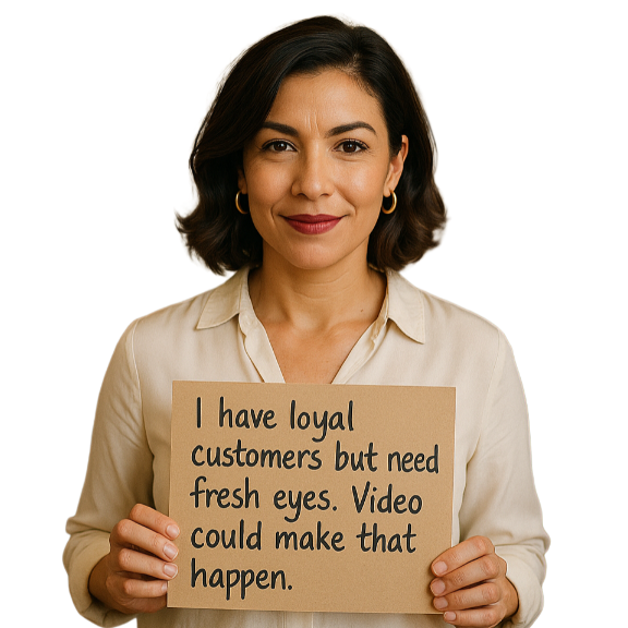 Boutique owner Maria with sign: I have loyal customers but need fresh eyes. Video could make that happen.