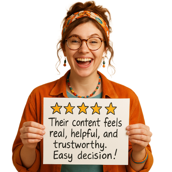 Penelope with 5 stars: Their content feels real, helpful, and trustworthy. Easy decision!